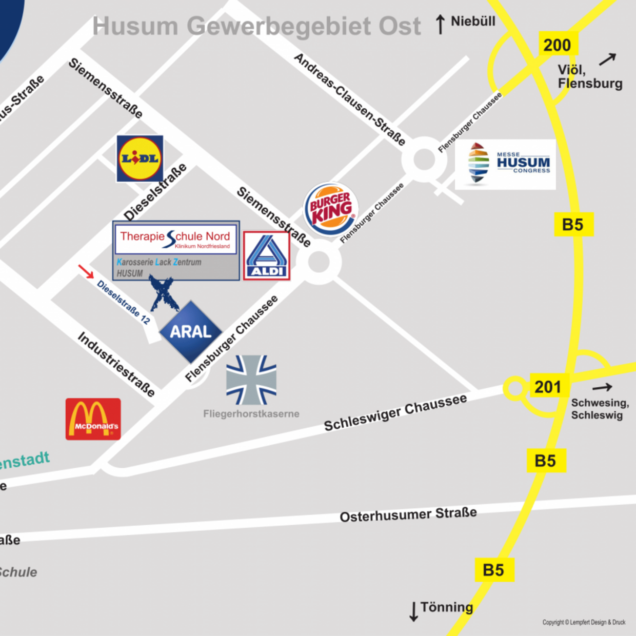 Bei dem Bild handelt es sich um einen Auszug aus dem Stadtplan Husum, der den Weg zu der Therapieschule Nord des Klinikums in der Dieselstraße 12 zeigt